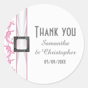 Pale pastel pink and white lace thank you classic round sticker