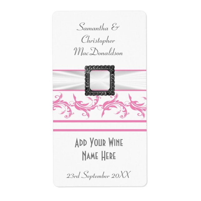 Pale pastel pink white wedding wine bottle (Front)