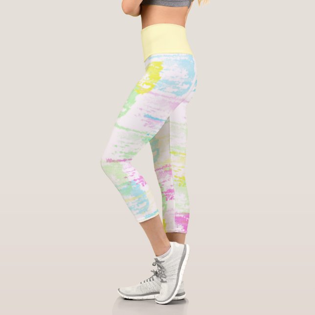 Pale Pastel Turquoise Green Blue Pink Abstract Art Capri Leggings (Left)