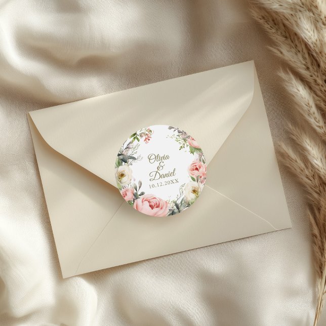 Pale Peach and Blush Pink Floral Wedding  Classic Round Sticker (Pale Peach and Blush Pink Floral Wedding Classic Round Sticker on a wedding envelope.)