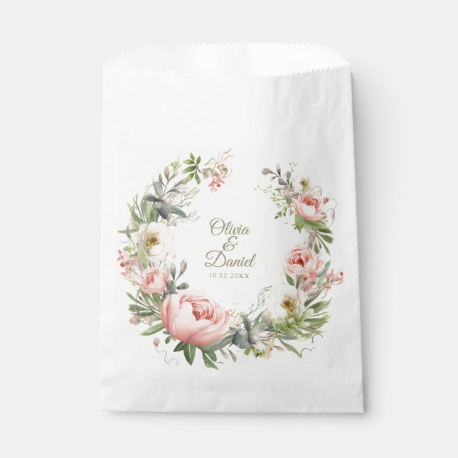 Pale Peach and Blush Pink Floral Wedding  Favour Bag (Front)