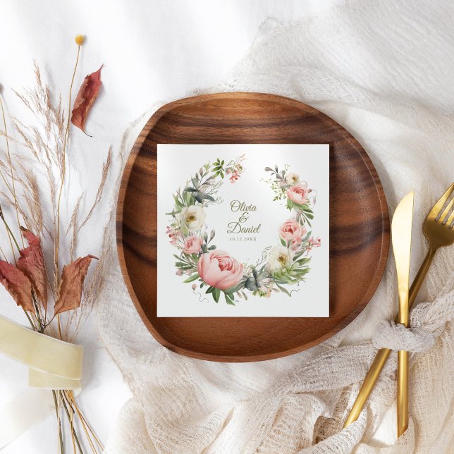 Pale Peach and Blush Pink Floral Wedding  Napkin (Pale Peach and Blush Pink Floral Wedding Paper Dinner Napkins on a wedding table.)
