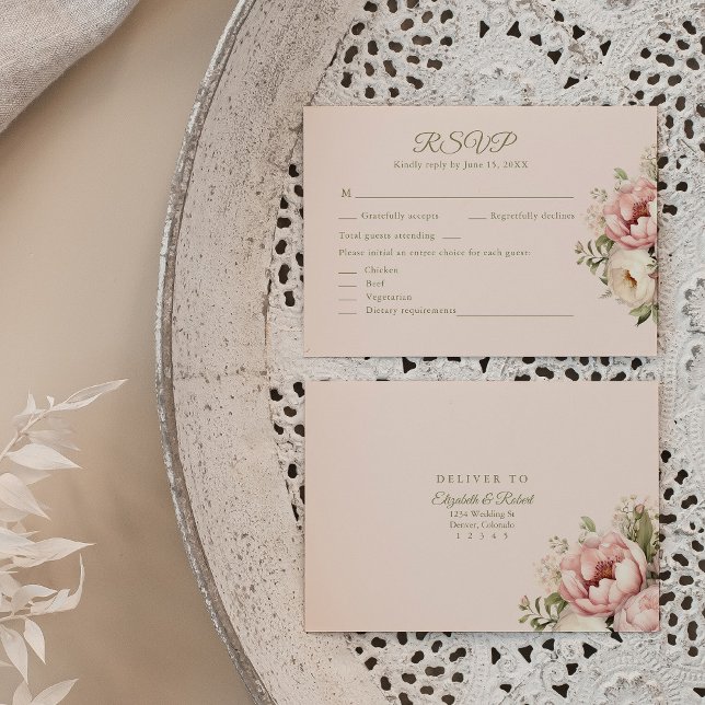 Pale Peach and Dusty Rose Floral Wedding RSVP Card (Pale Peach and Dusty Rose Floral Wedding RSVP Card on boho lux wedding table.)