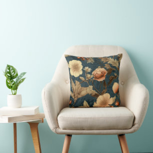 Pale Peach and Pink Florals on Teal Background Cushion