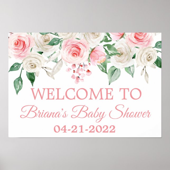 Pale Peach Blush Pink Floral Baby Shower Welcome Poster (Front)