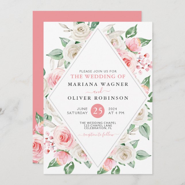 Pale Peach Blush Pink Floral Wedding Invitation (Front/Back)