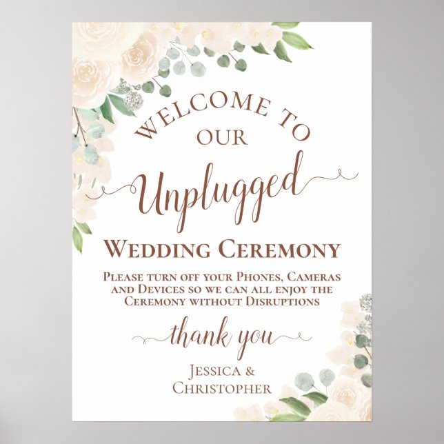 Pale Peach Boho Floral Unplugged Wedding Ceremony Poster (Front)