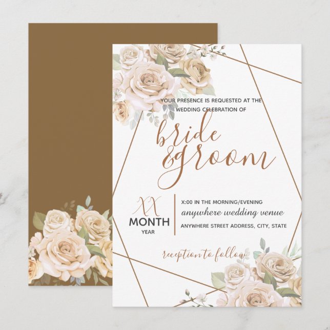 Pale Peach & Brown Floral in Brown Rustic Wedding Invitation (Front/Back)
