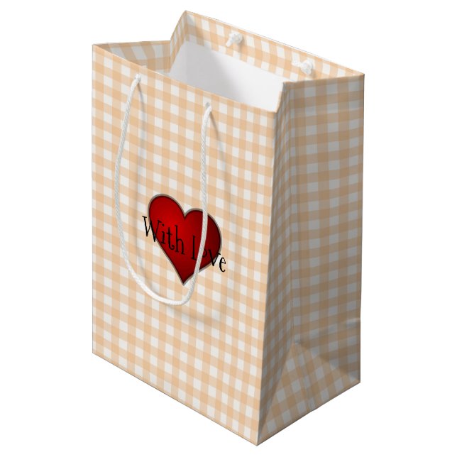 Pale Peach Gingham Red heart With Love Medium Gift Bag (Front Angled)