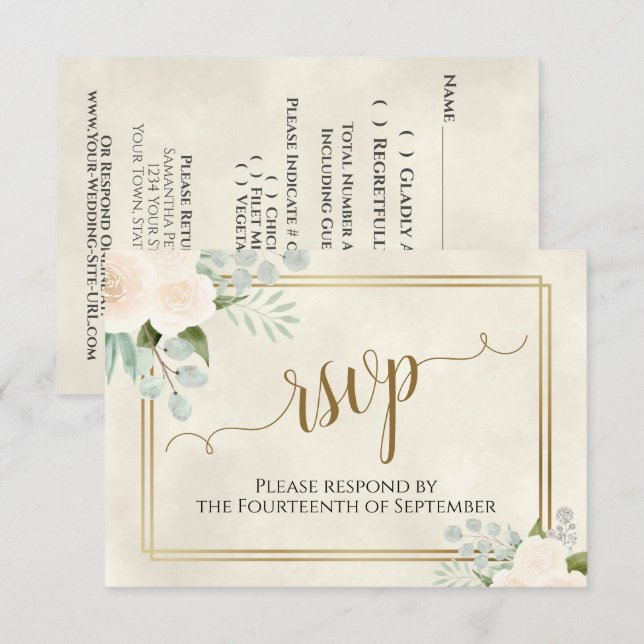 Pale Peach or White Roses Elegant Boho Wedding RSVP Card (Front/Back)