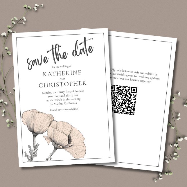 Pale Peach Poppies Elegant Floral Wedding Save The Date (Pale Peach Poppies Elegant Save the Date Card with QR Code for Wedding Website.)