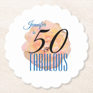 Pale Peach Rose 50 and Fabulous Birthday Paper Coaster