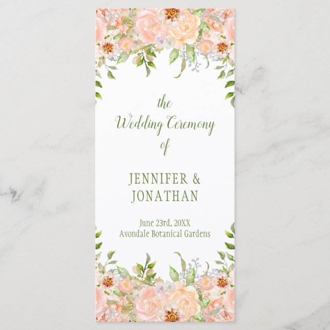 Pale Peach Roses and Greenery Wedding Program (Front)