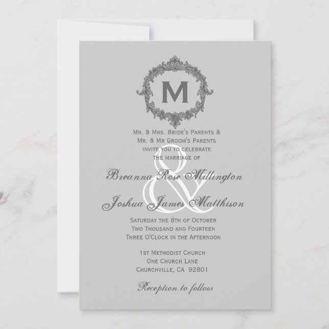 Pale Pebble and Grey Frame Monogram Wedding V7 Invitation (Front)