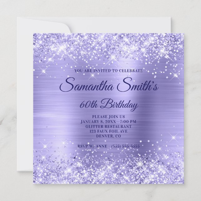 Pale Periwinkle Glitter and Foil 60th Birthday Invitation (Front)