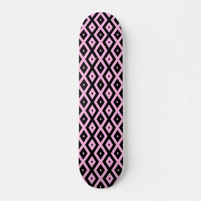Pale pink and black diamond pattern skateboard (Front)