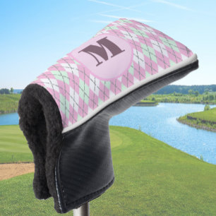 Pale pink and green argyle custom monogram ladies golf head cover