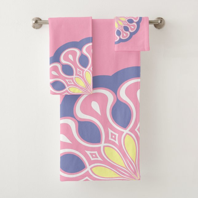 Pale Pink and Grey Abstract Modern Mandala Bath Towel Set (Insitu)