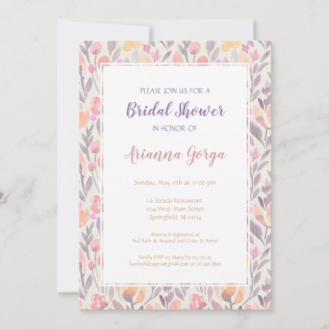Pale Pink and Purple Floral Bridal Shower Invitation (Front)