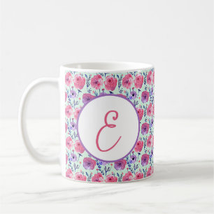 Pale pink and purple watercolor floral monogram coffee mug