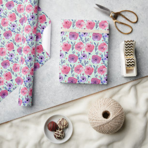 Pale pink and purple watercolor floral pattern wrapping paper