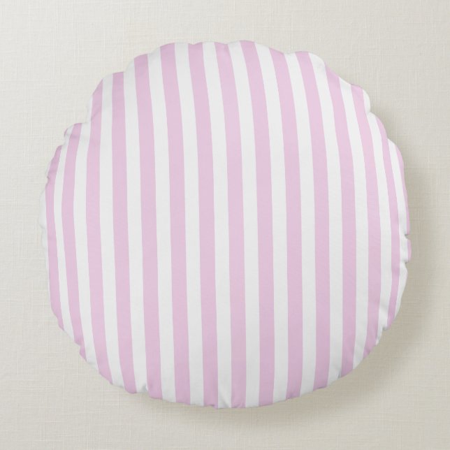 Pale pink and white candy stripes round cushion (Front)