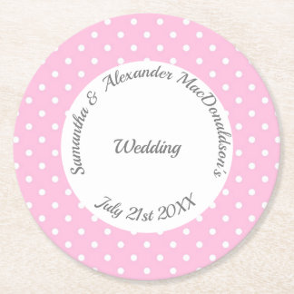 Pale pink and white polkadot wedding round paper coaster