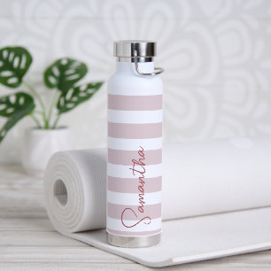 Pale Pink and White Stripes Personalised Water Bottle