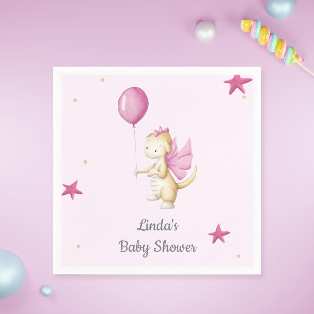 Pale Pink Baby Dragon with Balloon Party Napkin (Cute pink baby shower paper napkins with an illustration of a baby dragon holding a pink balloon)