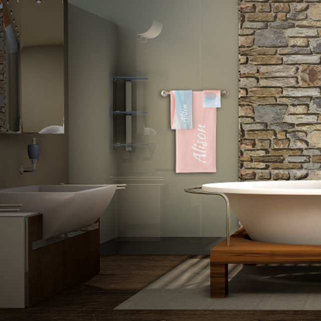 Pale pink blue abstract name bath towel set (Creator Uploaded)