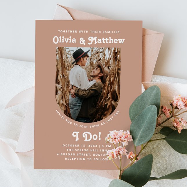 Pale pink blush arch photo minimal retro wedding invitation (Creator Uploaded)