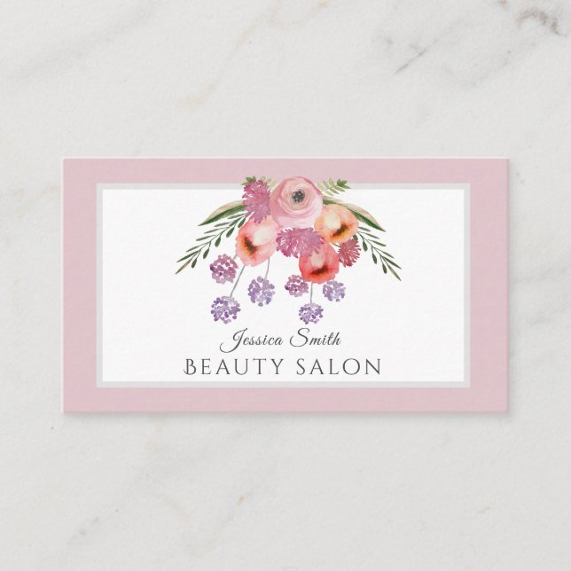 Pale pink Boho watercolor floral bouquet Business Card (Front)