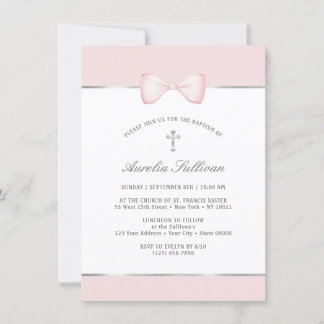 Pale Pink Bow Baptism Invitation