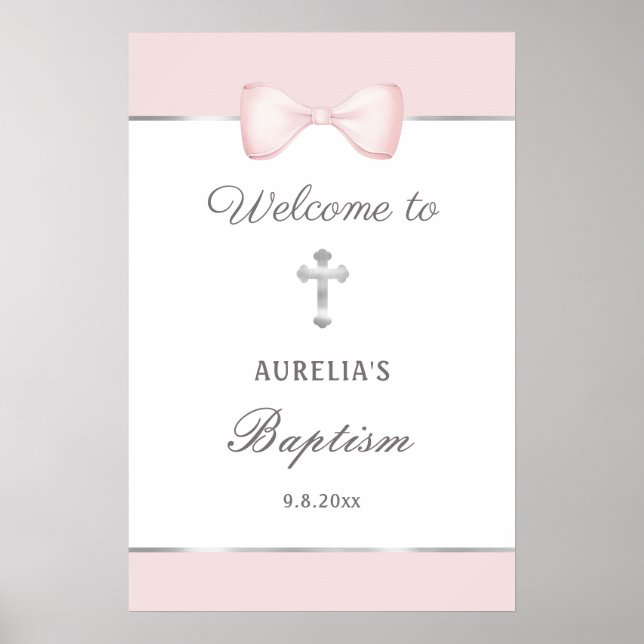 Pale Pink Bow Baptism Welcome Poster (Front)