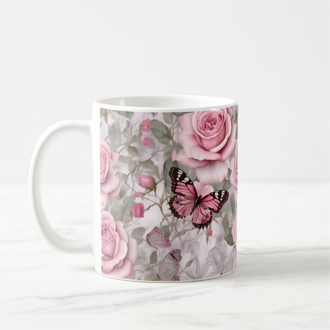 Pale Pink Butterflies and Roses Floral Coffee Mug (Left)