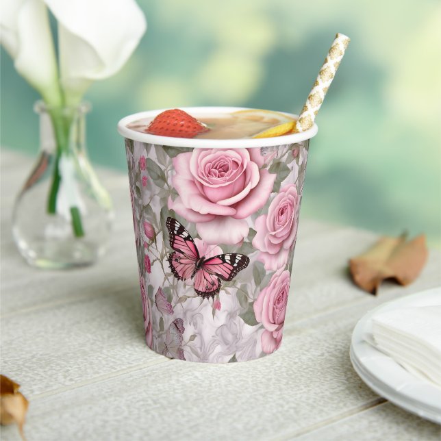 Pale Pink Butterflies and Roses Floral Paper Cups (Insitu)