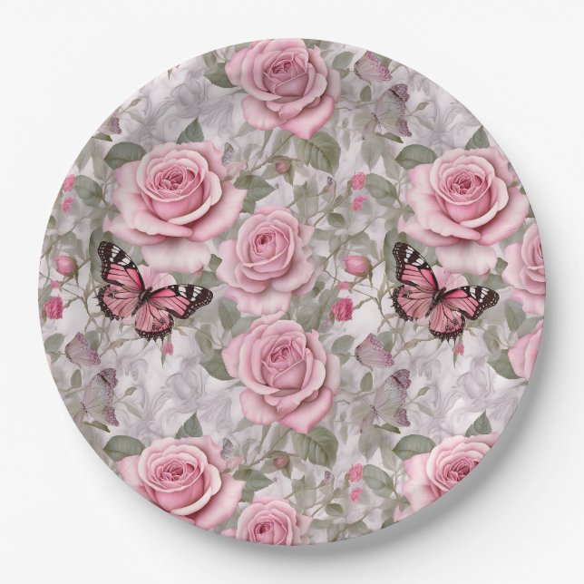 Pale Pink Butterflies and Roses Floral Paper Plate (Front)