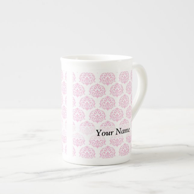 Pale pink damask bone china mug (Front Right)
