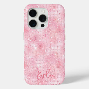 Pale pink disco mirrors glitter   custom monogram iPhone 15 pro case