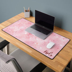 Pale pink disco mirrors glitter   custom monogram desk mat