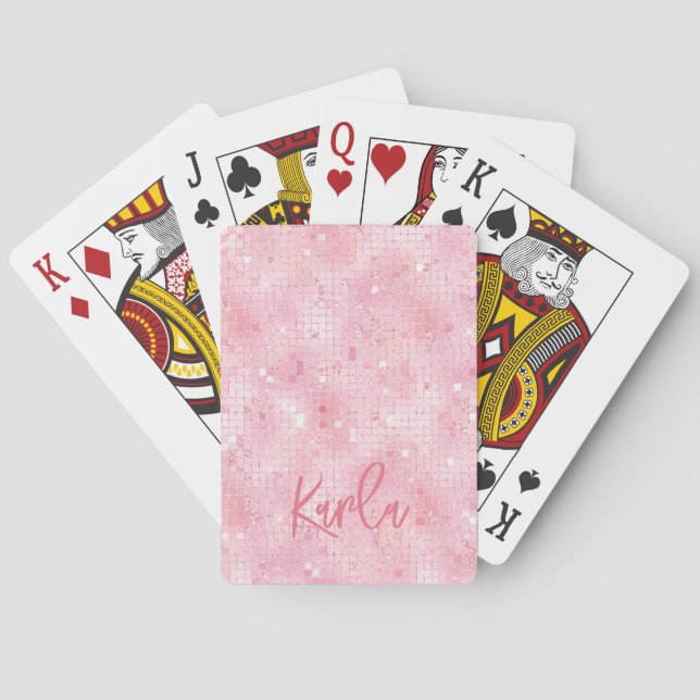 Pale pink disco mirrors glitter | custom monogram playing cards (Back)