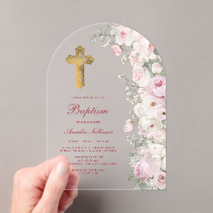 Pale Pink Flowers Arch Baptism Clear Acrylic Invitations