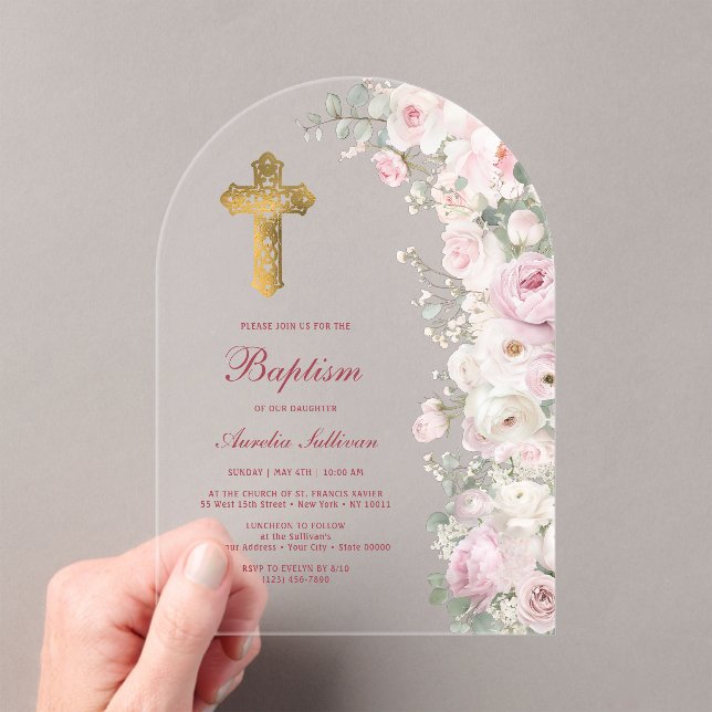 Pale Pink Flowers Arch Baptism Clear Acrylic Invitations (Insitu (Handheld))