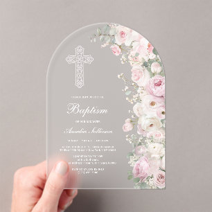 Pale Pink Flowers Arch Baptism Frosted Acrylic Invitations