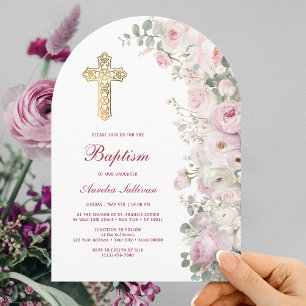 Pale Pink Flowers Arch Baptism Invitation