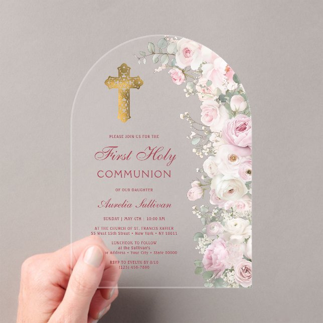 Pale Pink Flowers Arch First Communion Clear Acrylic Invitations (Insitu (Handheld))