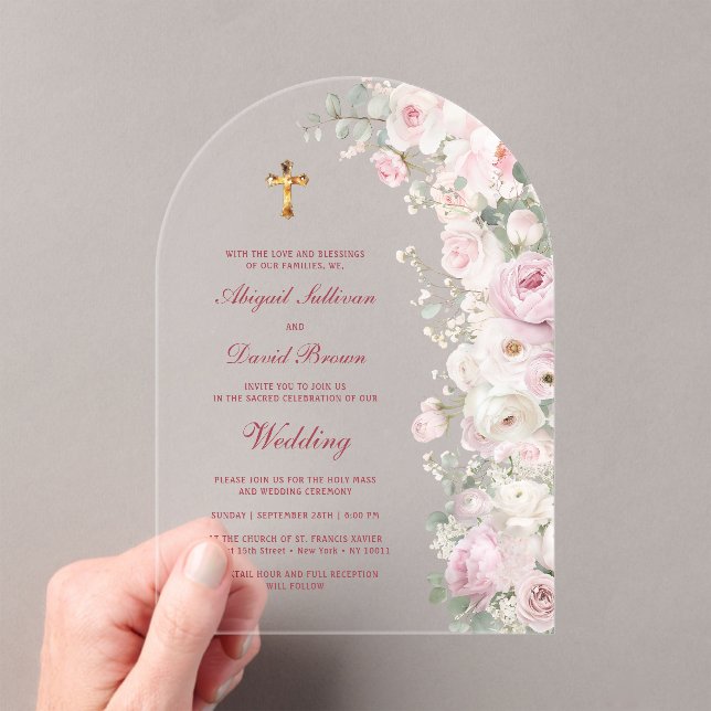 Pale Pink Flowers Arch Religious Wedding Acrylic Invitations (Insitu (Handheld))