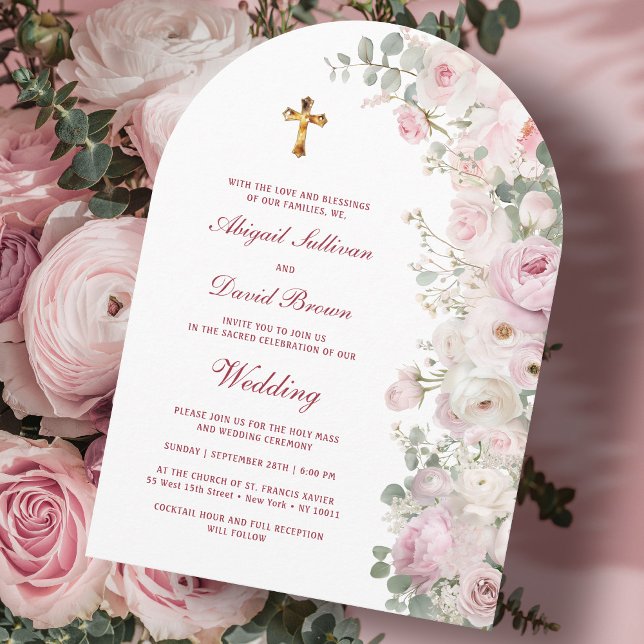 Pale Pink Flowers Arch Religious Wedding Invitation (Creator Uploaded)