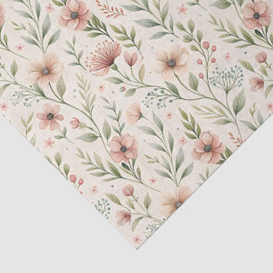 Pale Pink Flowers Sage Green Cottagecore Design Tissue Paper