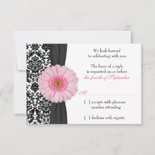 Pale Pink Gerber Daisy Damask Wedding RSVP Reply Invitation